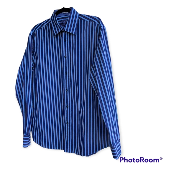 Men's BUGATCHI Blue + Stripe Shirt Shaped Fit Contrasting Collar Cuff Large Blue - Picture 3 of 10